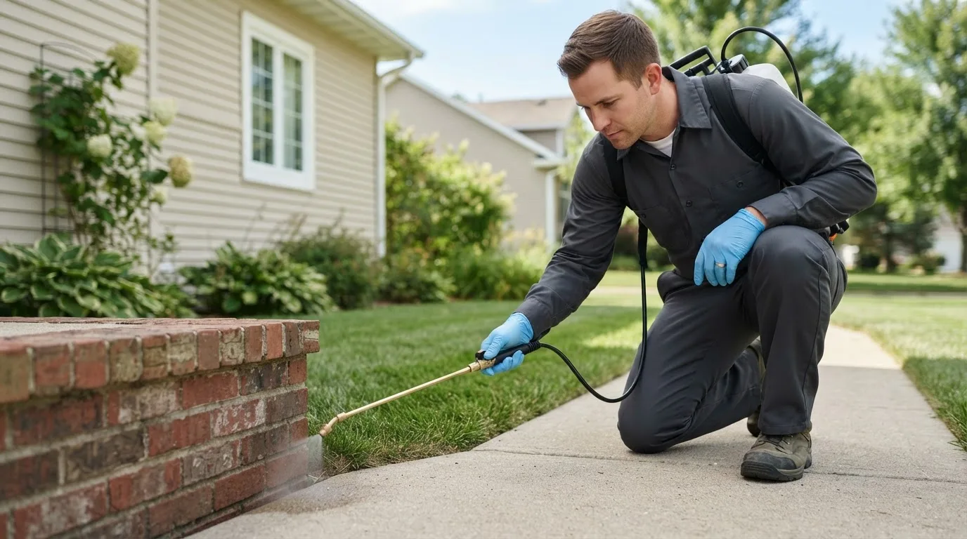 Pest control technician treating a home near Raynesford, MT